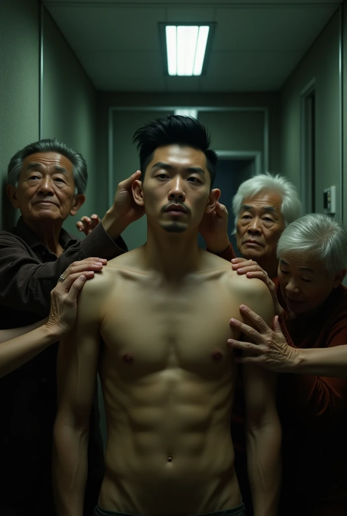 Real photo style、Realistic、Cute handsome man、Idol face、、Japanese、Slim body、Mash Hair、Completely naked、Full nudity、darkness、Mirrored wall、Being surrounded by old people and being touched