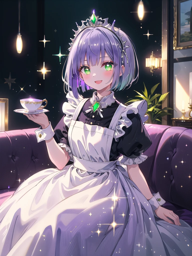 ((8k, Highest Quality, Masterpiece: 1.3)), Ultra High Resolution, (One Girl, Alone), (Color Changing Eyes, Super Detailed, Expressive Sparkle, Sparkling, Glowing Eyes), Highly Detailed Eyes, (Purple Short Bob Cut), Her emerald green eyes sparkle with joy and she is wearing a classic black and white maid outfit. The apron is decorated with plenty of frills and is accented with a silver tiara, highlighting the cuteness of the maid. She is sitting at a small table in the living room, smiling while holding a stylish teacup. Her purple short bob looks gorgeous combined with her frilly headdress. The angle is slightly higher, looking down on her, emphasizing her joyful expression and emerald green eyes.