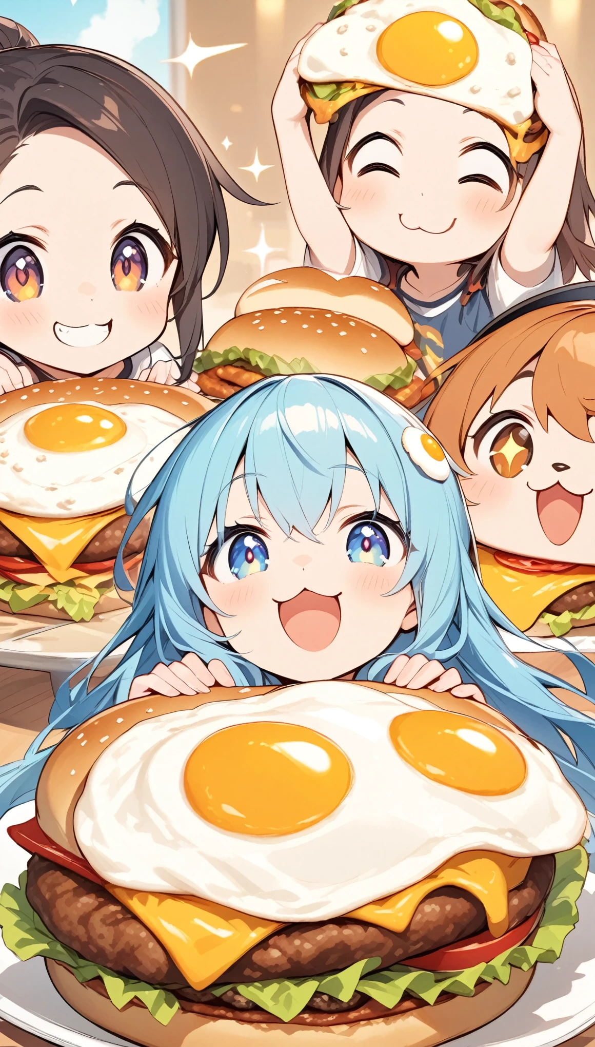 happy scene,Sparkling fried egg,fried egg, wiener, eyes sparkling at the sight of burgers, :3, happy face, cute,