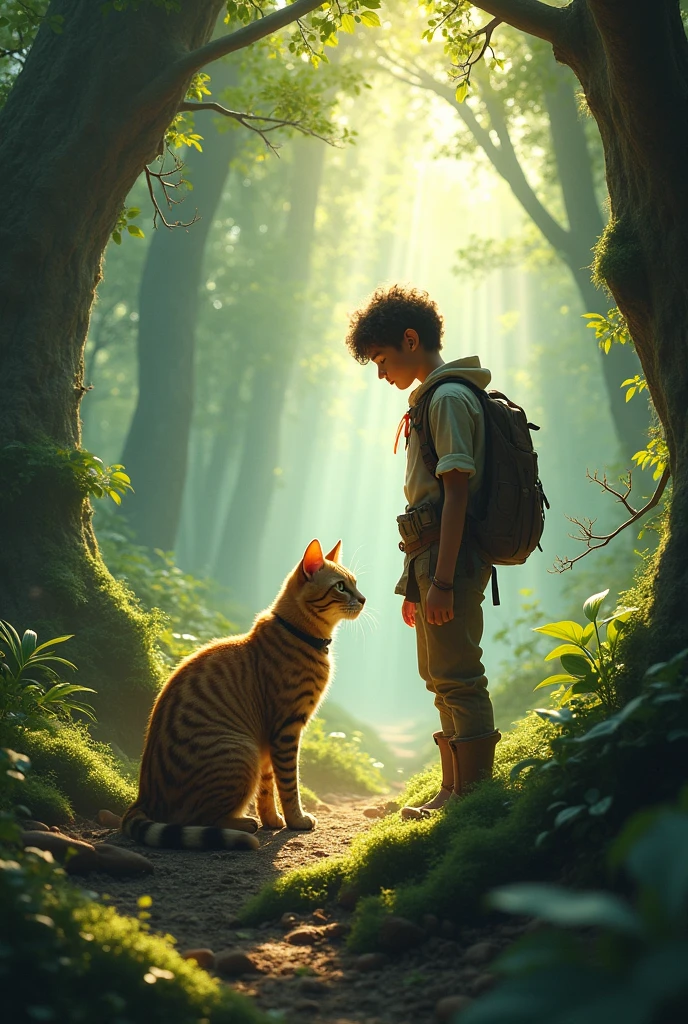 FANTASY STORY, a human and a cat in a forest