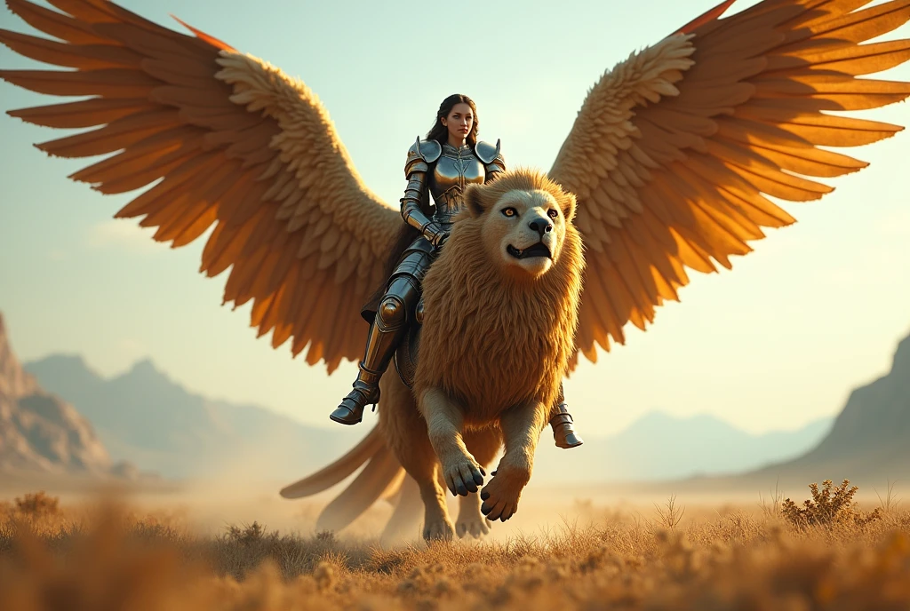 A griffin with its wings spread, a beautiful and powerful figure, carrying an armored princess on its back, ((masterpiece, Highest quality, Best image quality, High resolution, Realistic, RAW Photos, 8k)), ((Highly detailed CG synthesis 8k wallpaper)), (Huge and stunning goddess shot, Very hot and sexy, Incredible beauty, Perfect Proportions, Beautiful body, Slim body beauty:1.4), front view,