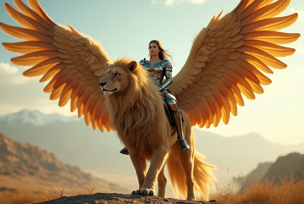 A griffin with its wings spread, a beautiful and powerful figure, carrying an armored princess on its back, ((masterpiece, Highest quality, Best image quality, High resolution, Realistic, RAW Photos, 8k)), ((Highly detailed CG synthesis 8k wallpaper)), (Huge and stunning goddess shot, Very hot and sexy, Incredible beauty, Perfect Proportions, Beautiful body, Slim body beauty:1.4), front view,