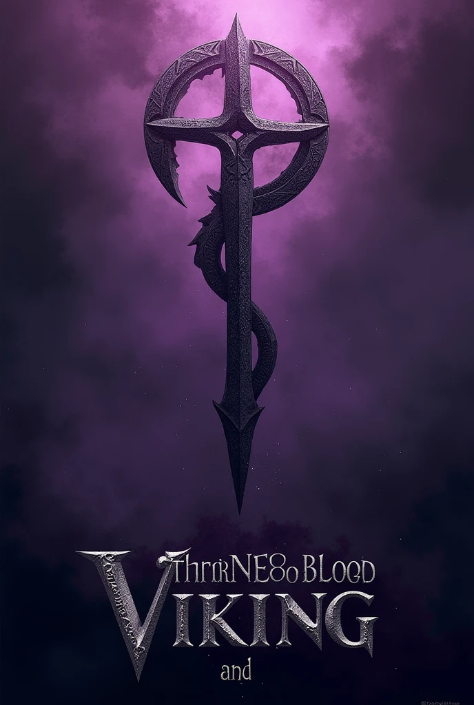 Viking symbol with a violet background and the text “Thrones of blood and iron”. 