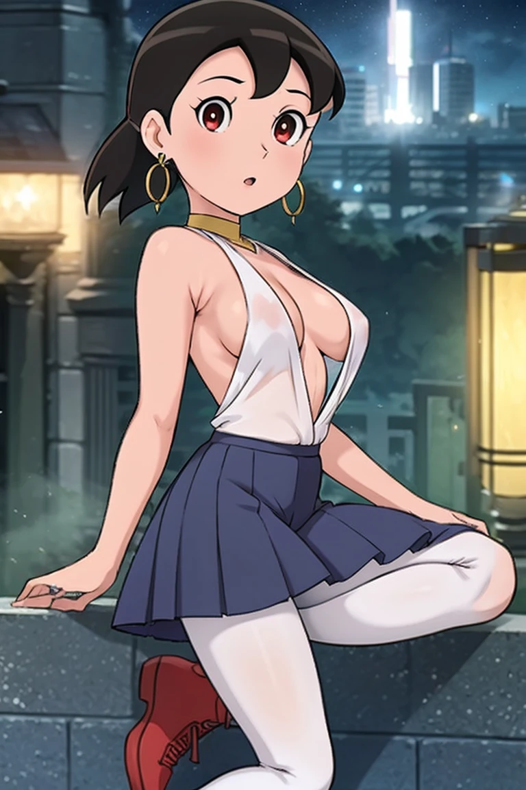 1girl, close up shot, (light black hair(0.1), medium hair, large breasts, red eyes), perfect anatomy, city, , (( earrings, see through white leggings)), buildings,cigarette,shizuka,hot,looking at viewer,with details in vibrant colors reminiscent of the stars and planets of outer space, and a blue skirt high-top boots with non-slip soles,