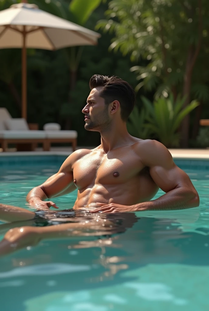 A handsome muscular man naked in swimming pool 