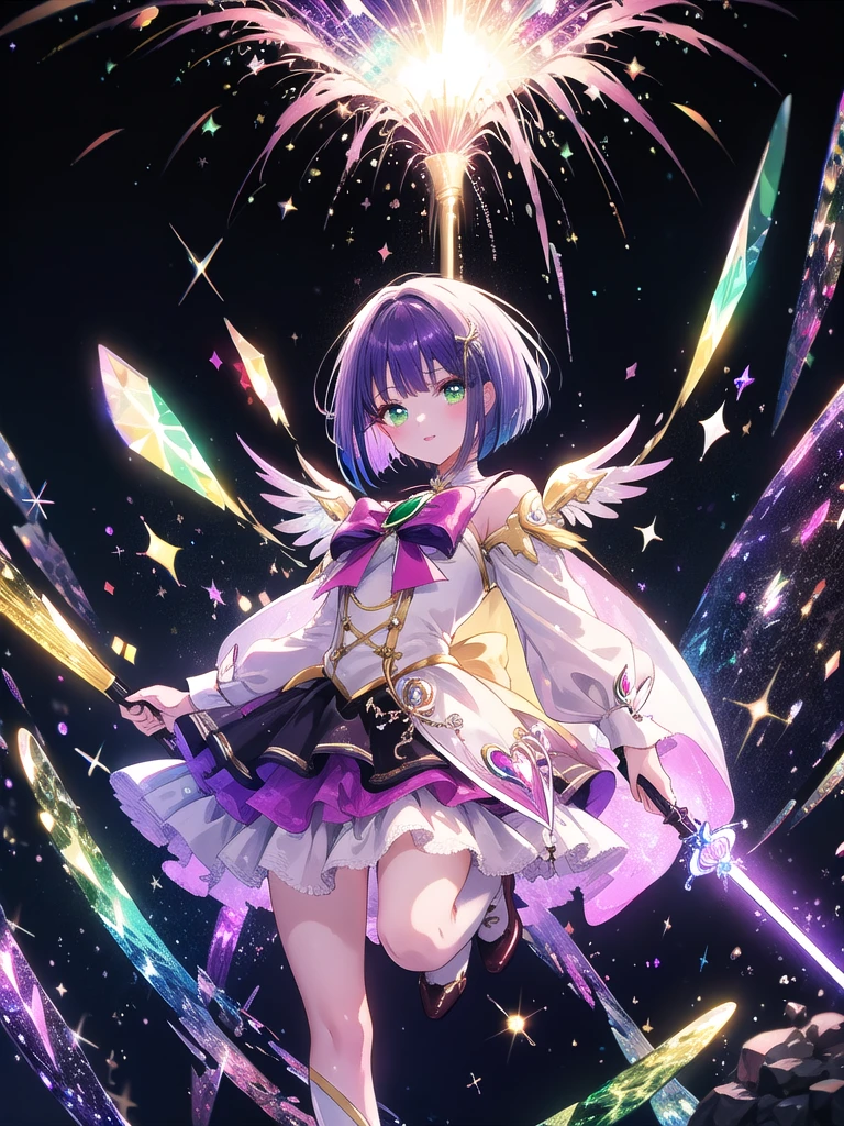 ((8k, Highest Quality, Masterpiece: 1.3)), Ultra High Resolution, (One Girl, Alone), (Color Changing Eyes, Super Detailed, Expressive Sparkle, Sparkling, Glowing Eyes), Highly Detailed Eyes, (Purple Short Bob Cut), Posing in Magical Girl Cosplay
With her purple short bob cut set softly and emerald green eyes sparkling, she is wearing a pink and white magical girl-style costume. The big ribbon and frilly skirt make her both cute and sexy. The background is a simple bedroom, lined with colorful cushions and stuffed toys. She is posing with one leg slightly raised towards the camera, holding a magic wand. The angle is shot from a low angle looking up, emphasizing her dynamic pose and emerald green eyes.