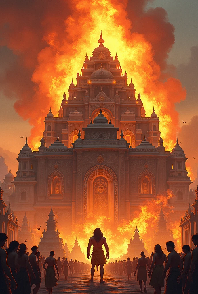 In cinematic Cartoon style images’ "Hanuman setting Ravana's grand palace ablaze with his fiery tail, as flames engulf the structure and the city is in turmoil."