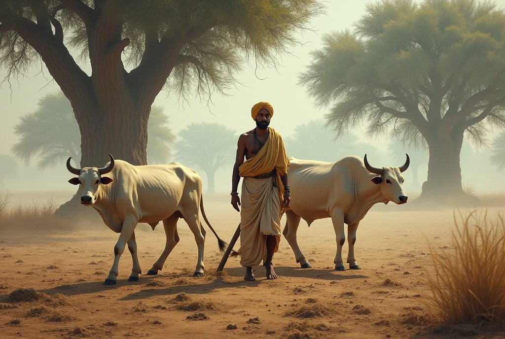 Maak 'n beeld waarin daar 'n groot onvrugbare veld is en in daardie veld groei daar groot bome tussenin en in daardie veld is daar 'n man wat 30 jaar oud is wat net 'n groot snor en 'n tulband op sy kop het dra Rajasthani dhoti en kurta en die man ploeg die veld met twee wit osse.