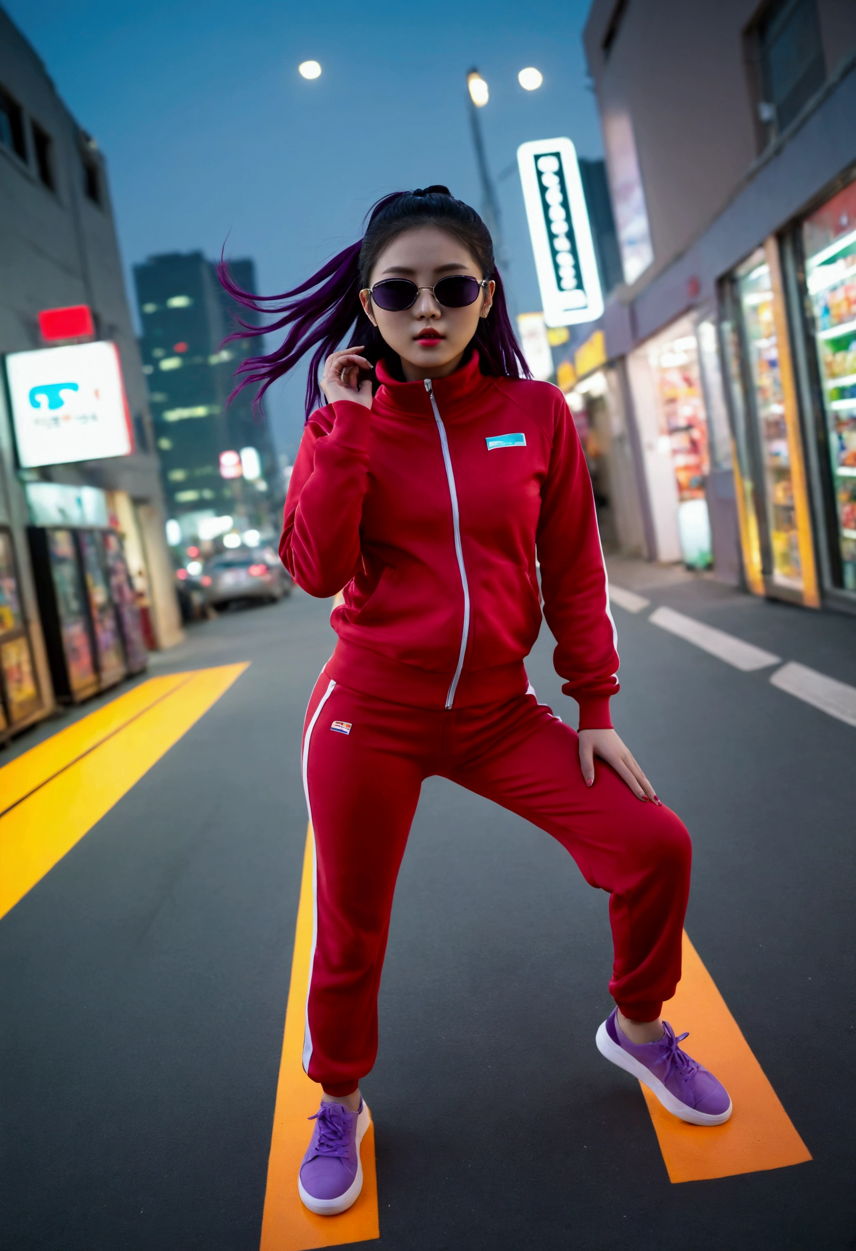 5 Young korean women in seoul korea at night, red track suit, sunglasses, purple shoes, purple ponytail, posing in front of a convenience store with friends, wide angle