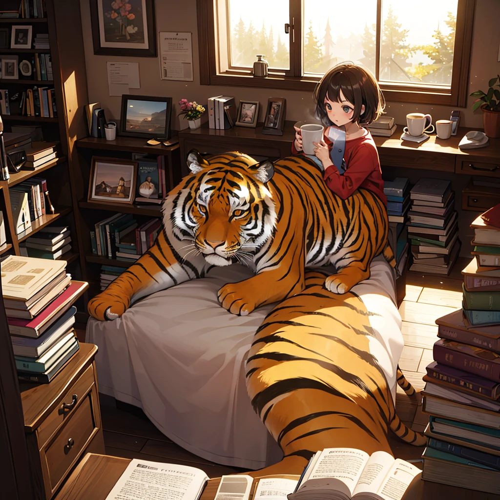 woman, tiger, aniaml, doll, cute, small, one room, warm, studying, books, coffee