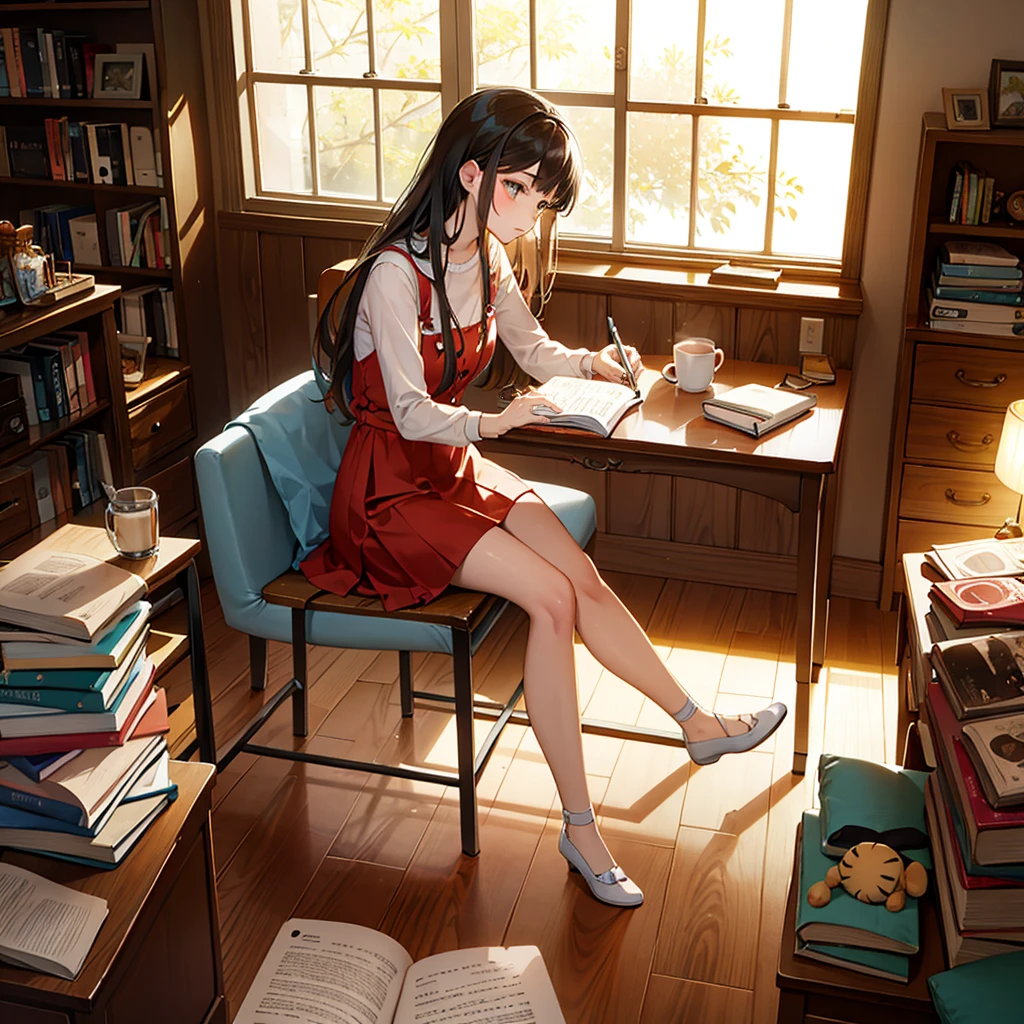 woman, tiger, aniaml, doll, cute, small, one room, warm, studying, books, coffee