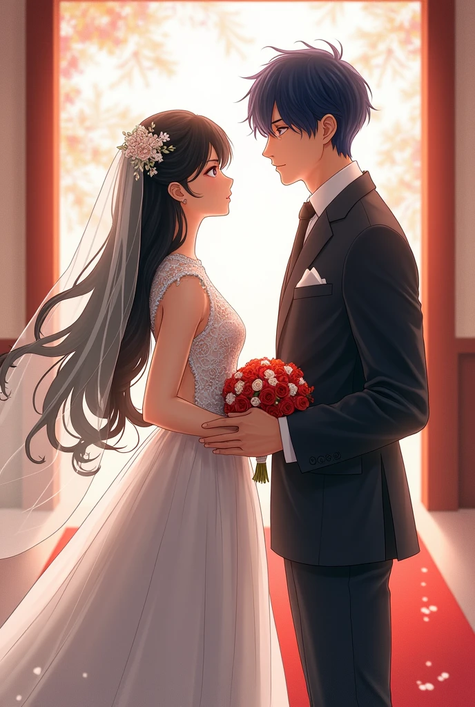 1 Japanese woman,Age 16,long black hair,bridal dress,1 Japanese man,Age 23,Short black and blue hair,Groom's suit,behind,The wedding ceremony is written by Ringo Kudo. & Souka,