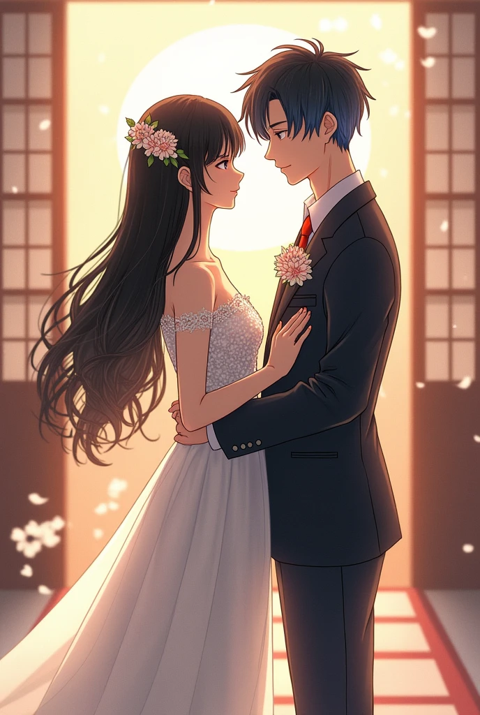 1 Japanese woman,Age 16,long black hair,bridal dress,1 Japanese man,Age 23,Short black and blue hair,Groom's suit,behind,The wedding ceremony is written by Ringo Kudo. & Souka,