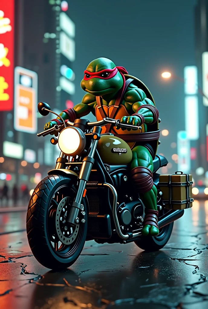 An image of a ninja turtle on top of a motorcycle with a delivery bag on the back
