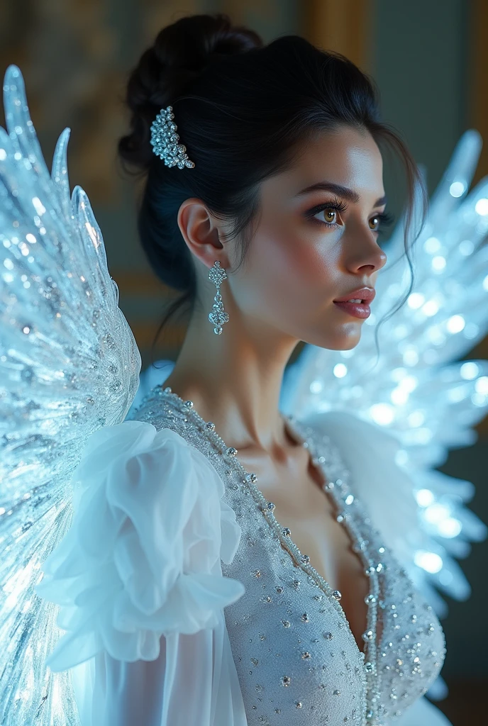A luxury raw photo, close up, woman ((Latin features)) with ((gigantic)) black wings, captured in a half-length portrait. Her giant wings are made of (((luxurious ice crystals, diamonds, high details, details intrincated inspired in Swarovski))) Each feather has silver, glow and sparkles. The shine of the wings reflects on her body, creating dazzling sparkles on her porcelain-white skin. She wears a high bun, with a hair clip that shines, showing her beauty. dark that elegantly contrasts with her fair complexion. The image is full of intricate and meticulous details, from the ((textures of the crystal-filled wings)) to the shine reflected on her skin, highlighting her strength and beauty.