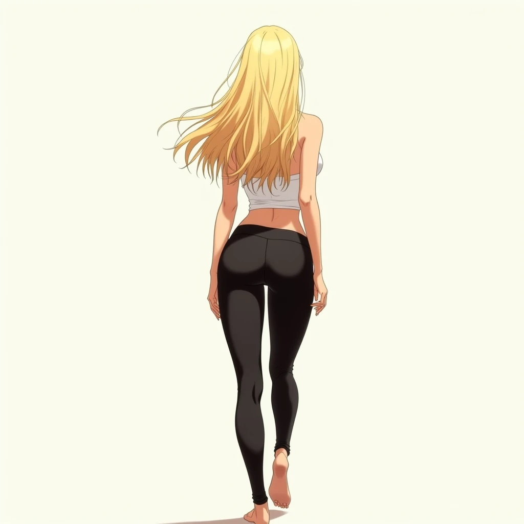 anime girl, long blonde hair, plain background, white tank top, slightly exposed midriff, tight black yoga pants, tall, curvy but proportionate, hourglass figure, prominent hips, from behind, not looking at viewer, walking and swaying hips.