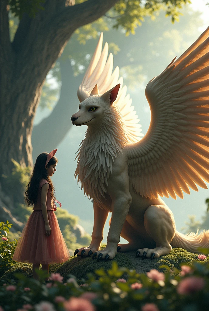 Character A, the griffin hybrid is sitting on the left, by a tree while character B, a girl with cat ear is standing on the left, settings...., style, -cref [Url 1], [url 2] 