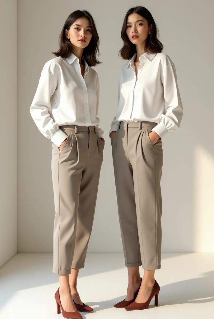 2 woman dressed in a pair of greyish beige dress pants with a little bit of baggy hem, with a white long-sleeved shirt tucked into his pants, with wide rosewood heels, loose straight hair.
