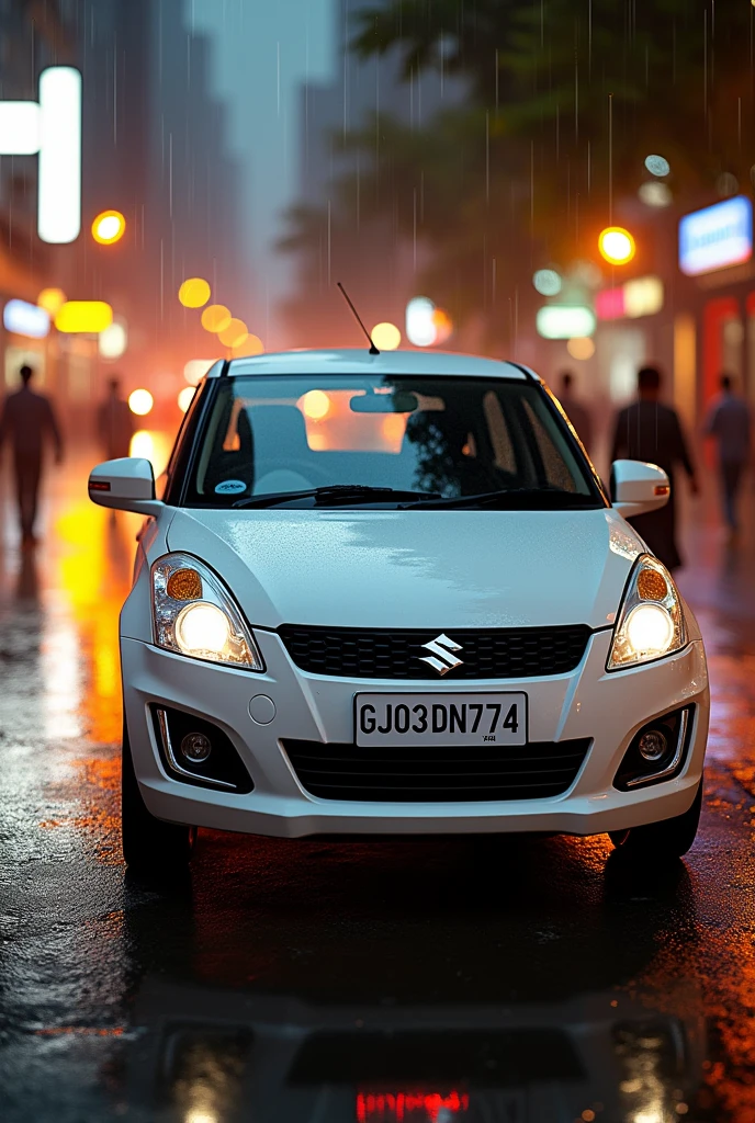 White maruti suzuki swift vdi car 2011 model on road in evening sunlight in background in city neon light and raining with number plate GJ03DN7744