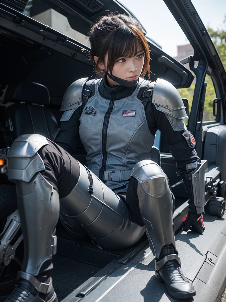 A female soldier in an armored suit riding an armored vehicle