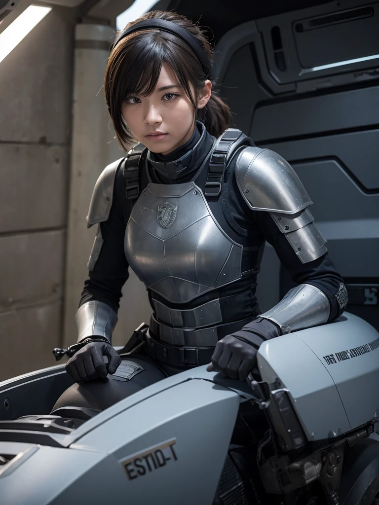 A female soldier in an armored suit riding an armored vehicle