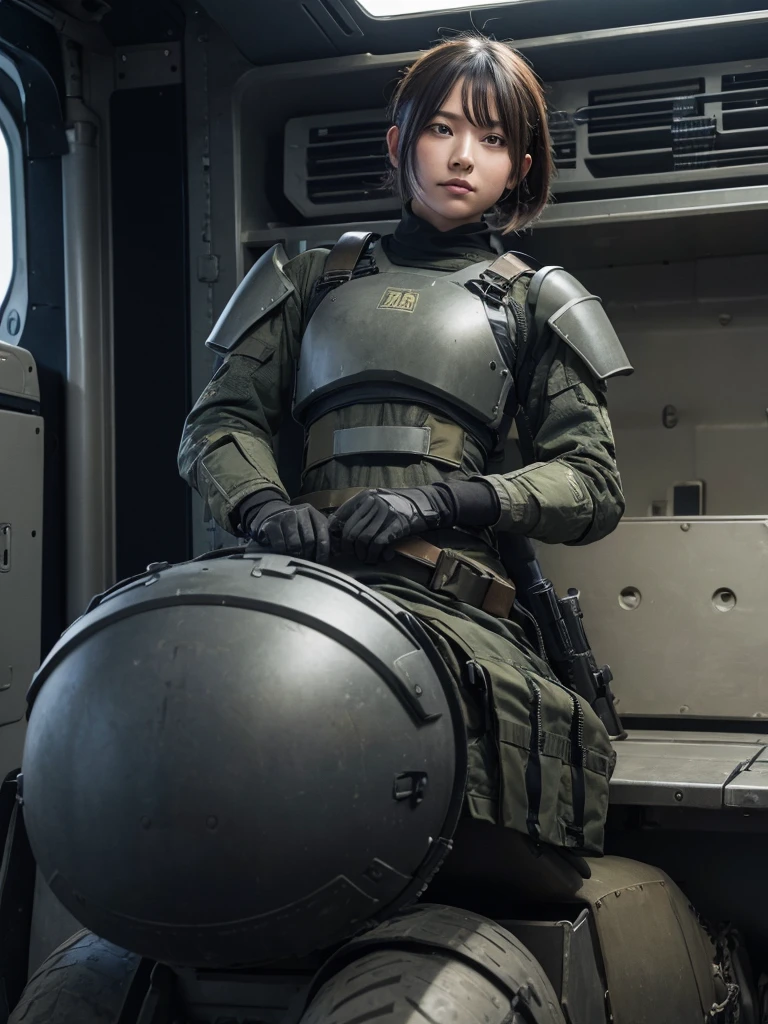 A female soldier in an armored suit riding an armored vehicle