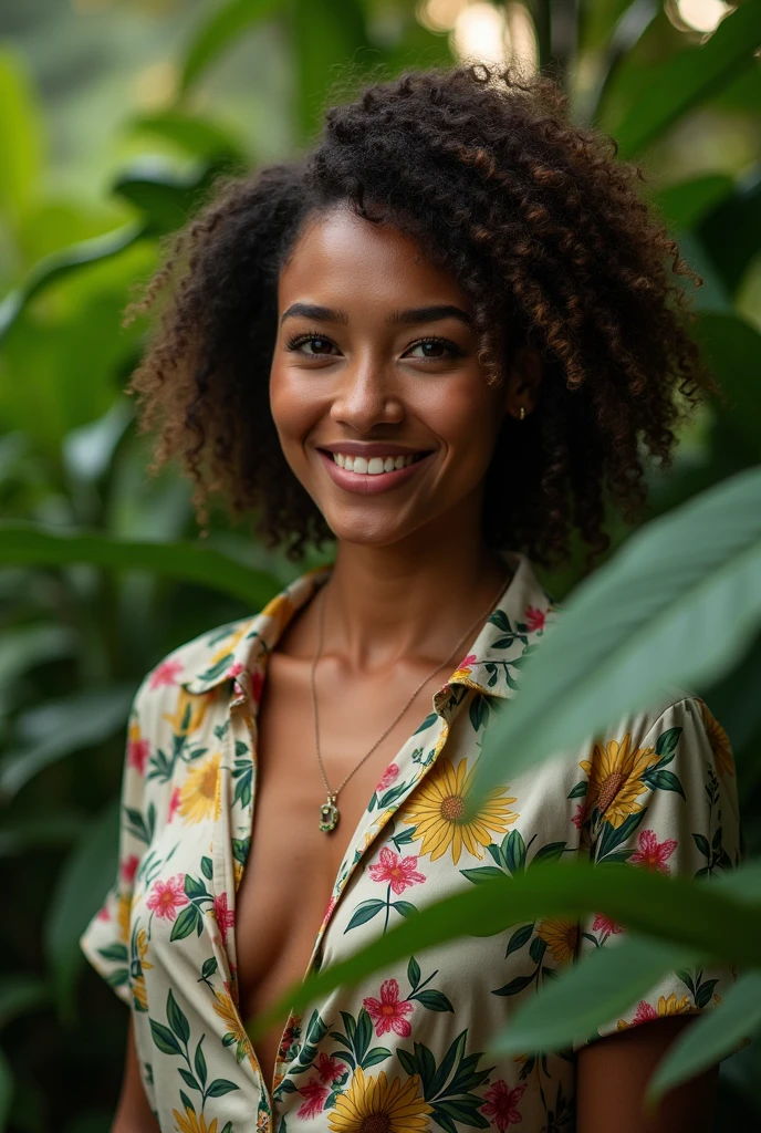 A Brazilian woman in a lush tropical garden, wearing an open shirt with a floral print, with a close-up capturing the harmonious beauty between her breasts and the natural flowers, showing off your natural charm and outgoing personality.