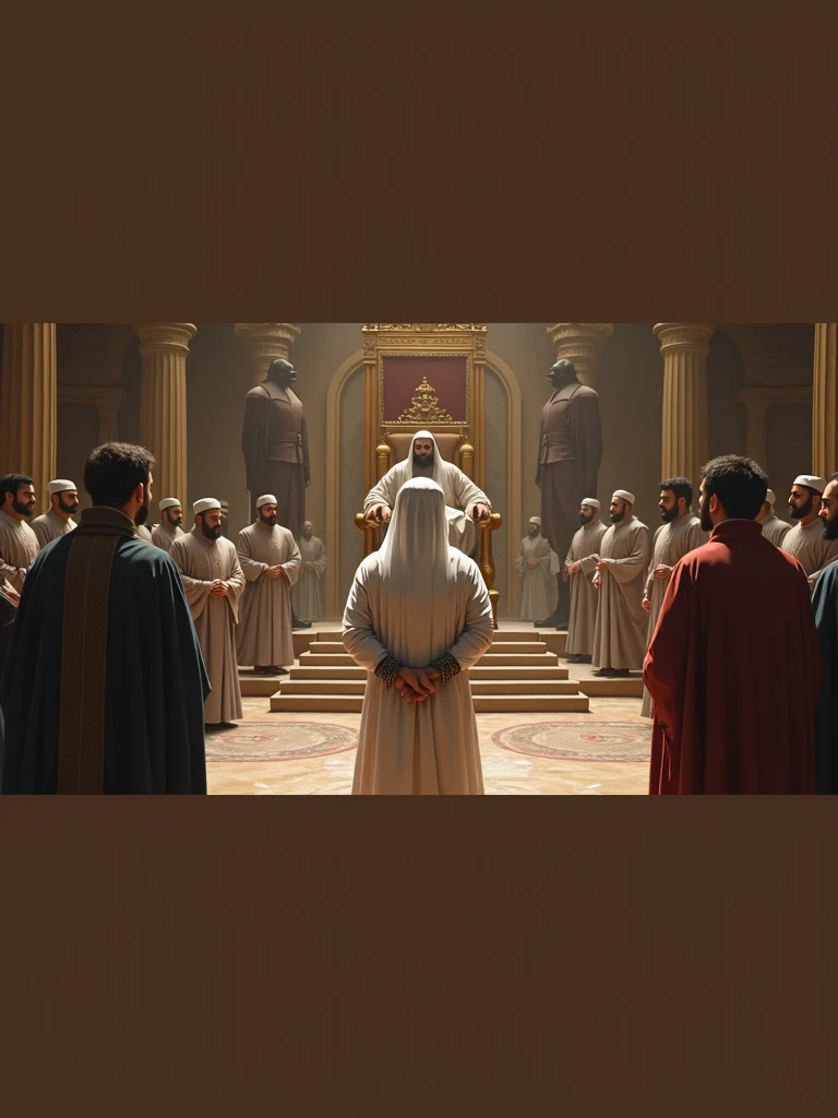 depicting a Muslim leader, robed in white, standing calmly in chains before a stern-looking king seated on a high throne. The room is filled with onlookers, including guards and scholars, all watching intently. The leader’s expression is one of quiet dignity, and his hands are clasped in a sign of peace.