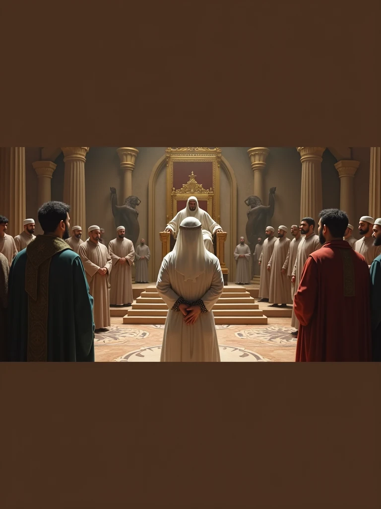 depicting a Muslim leader, robed in white, standing calmly in chains before a stern-looking king seated on a high throne. The room is filled with onlookers, including guards and scholars, all watching intently. The leader’s expression is one of quiet dignity, and his hands are clasped in a sign of peace.