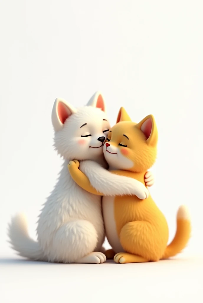 white dog and yellow cat love, white background, dog is female, cat is male.