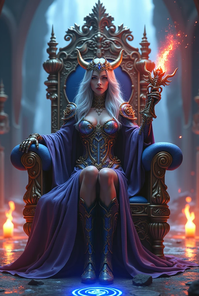 Surreal　Very detailed　Ultra Fantasy　Ultimate Details　Ultra-high resolution　8K 32k 3D 　clear, Beautiful Eyes　　Silver Hair　　sit　assassin　　 Anak　mechanical engineering　Mechanic Art　　.　intricate and elaborate design, おmoney, money　Silver　Silver 紫　Black-purple　Dynamic pose　　Cinema Lighting　Magic spell aura　devil的王座にsitにsit　The dragon breathes fire from its shoulders　　　big, luxurious amulet made of money　Bright colors　　girl　 美しく神秘的なdevilの魔術師　Nice, Mysterious and cool tiara　The ultimate mysterious design　devil&#39;Rainbow Armor　　神秘的なdevil&#39;Chair　Luxurious Armor　girl 　Breaking the Magic Seal　At my feet a water jar is overflowing with force.　右手に奇抜なデザインdevil的な杖を持っている　In his left hand he holds a blazing yellow torch　Head Jewelry　background, A waterfall cascades down from the top right.　Gold Gauntlet　devil的十字架の首飾り　　Princess　Gorgeous Tiara　A large water bottle at your feet　Water gushing out of the water bottle