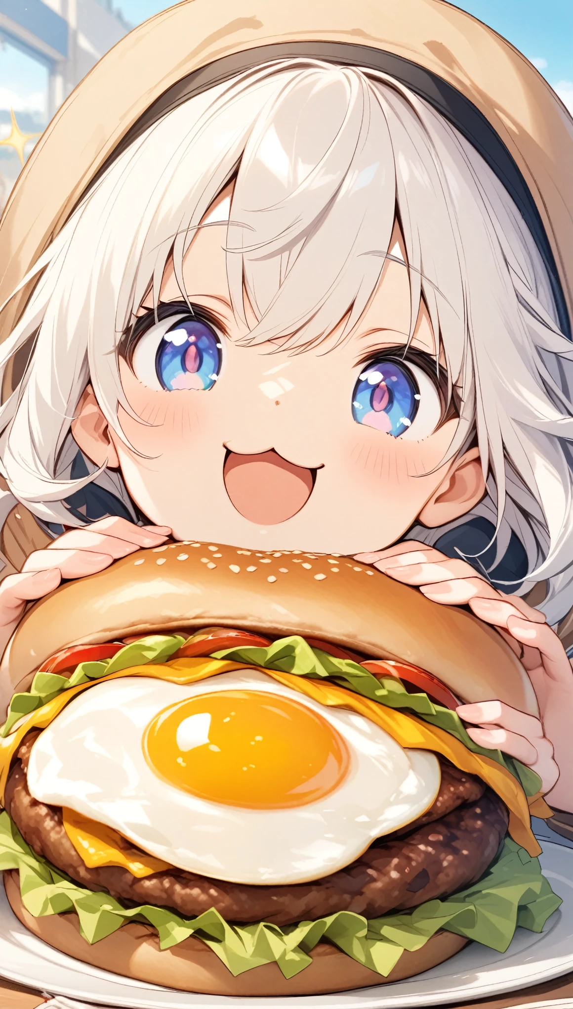 happy scene,Sparkling fried egg,fried egg, wiener, eyes sparkling at the sight of burgers, :3, happy face, cute,