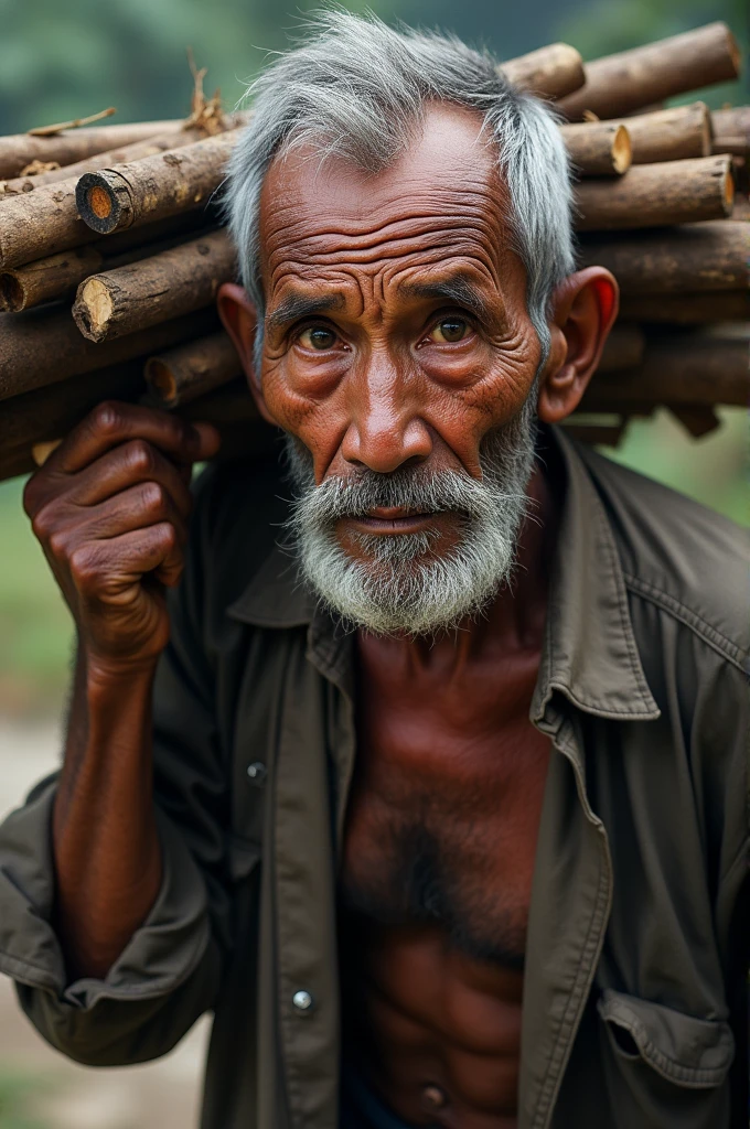 a 90 year old Indonesian grandfather, dressed in shabby clothes, carrying a bundle of firewood around his head, his gaze cold