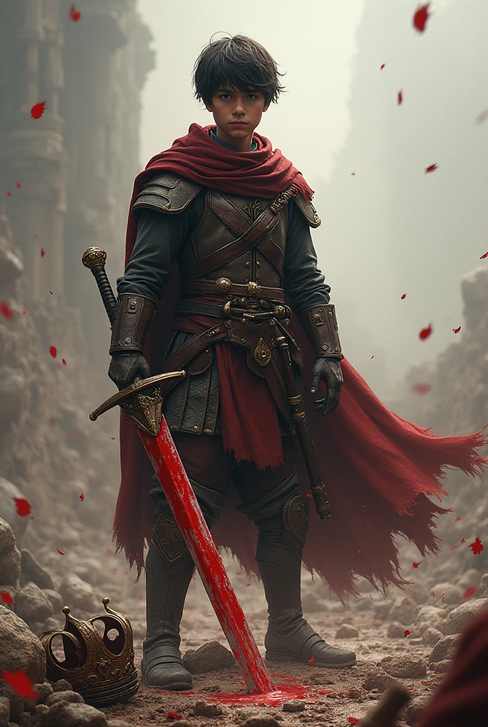 A warrior defeating many people and his sword is fully coverd with blood and also his hairs are short long and he is more like young teenager and his crown is placed on the ground