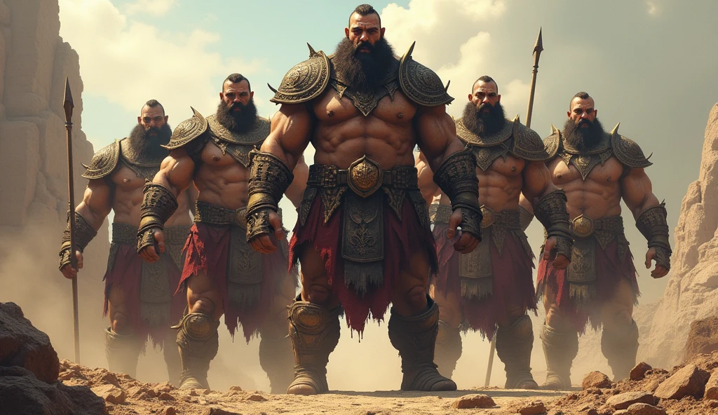 Philistine warrior giants and have a title Goliath's brothers Add the title inside the image that says THE BROTHERS OF GOLIATH