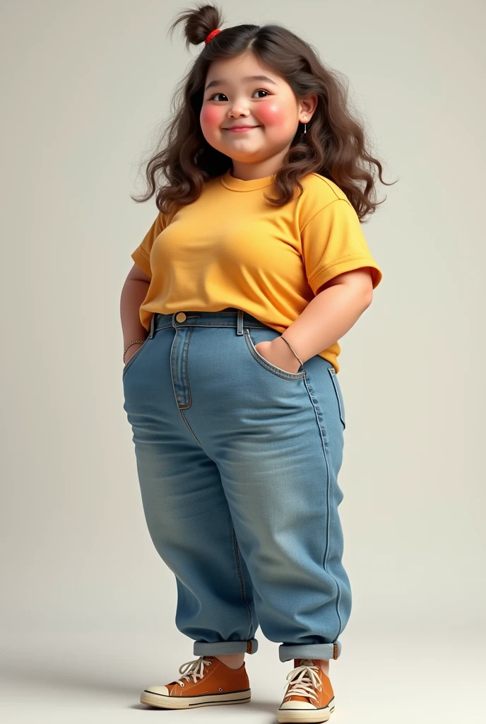 Chubby and short girl wearing baggy jeans and tee-shirt 
