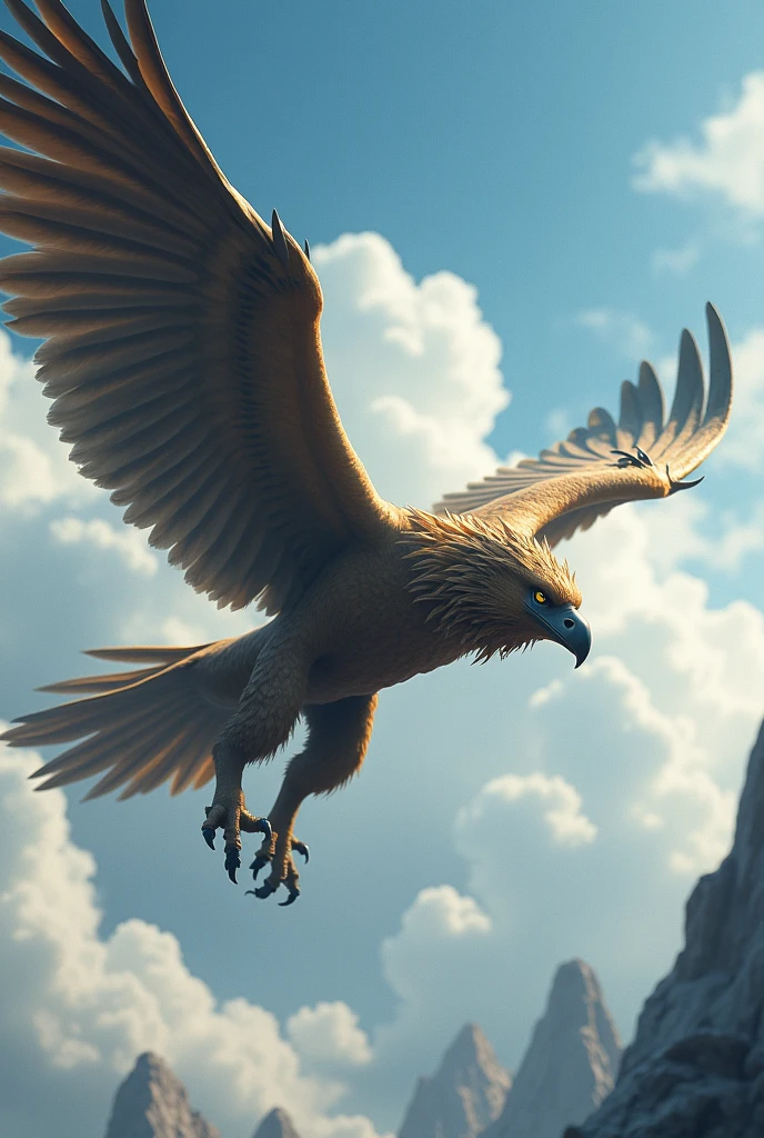 from above, Griffon, Swooping from the sky, A dive reminiscent of a peregrine falcon, 4 honpa, Sharp Claws, Wings of the Wind, Streamlined, Toned body, Cool silhouette
