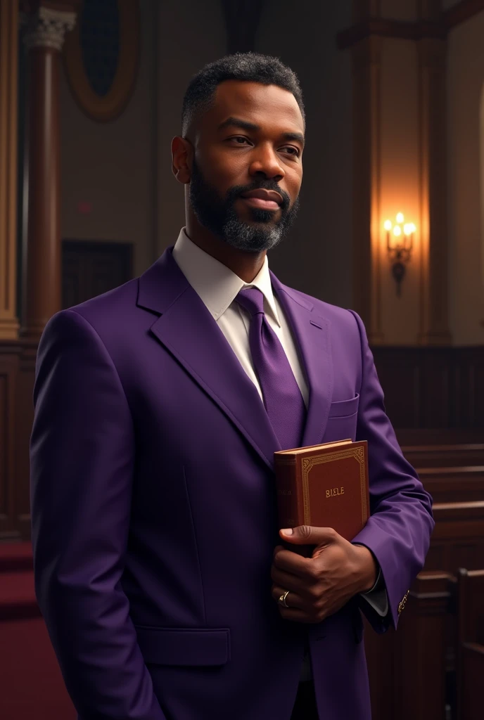 black man wearing purple social suit with bible on his arm