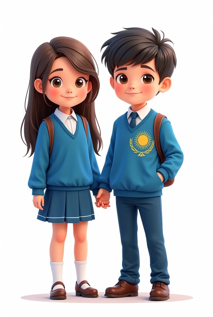 ((officially)) ((masterpiece)) ((Best quality)) ((detailed)) cartoon boy and girl in blue school uniform with Kazakhstan flag emblem on clothes on white background