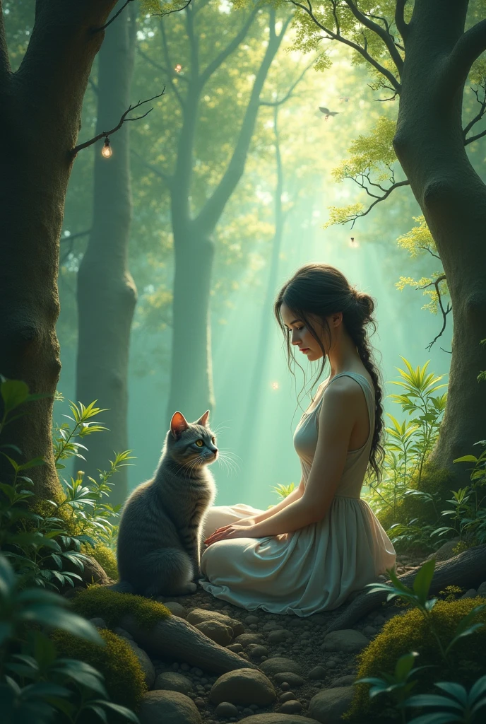 FANTASY STORY, a human woman and a small gray cat in a forest