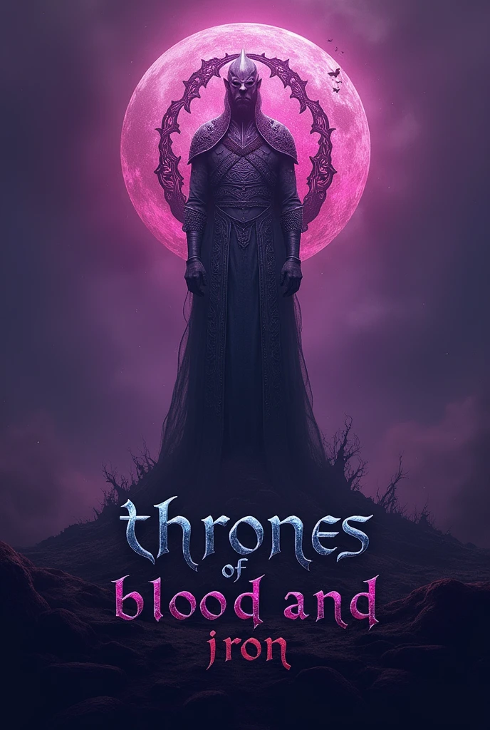 Viking symbol with a violet background and the text “Thrones of blood and iron”. 