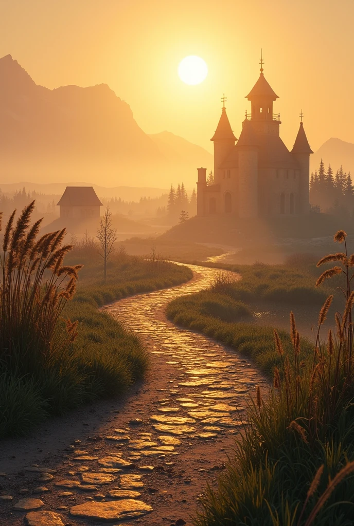 Environment:

- Rustic, winding path (stones and soil) facing south
- Small building (southeast)
- Majestic building (south)
- Well-defined east-west path
- Wet marshy area (west) with wild plants
- Prominent unidentified grass/plant (foreground)

Lighting:

- Warm, golden light from the south (setting sun)

Mood:

- Peaceful
- Exploratory
- Sense of discovery

Use this prompt to generate an image with an AI tool!