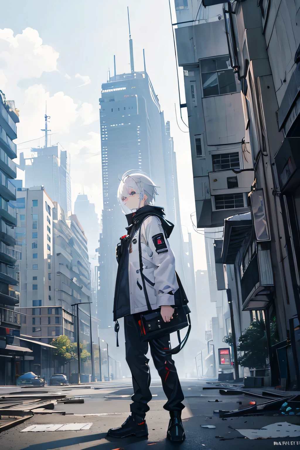 1 men, short stature and weight, white hair, gray irises, cyber-clothes, high qualiy, futuristc city, city destroyed by pollution, dystopian city