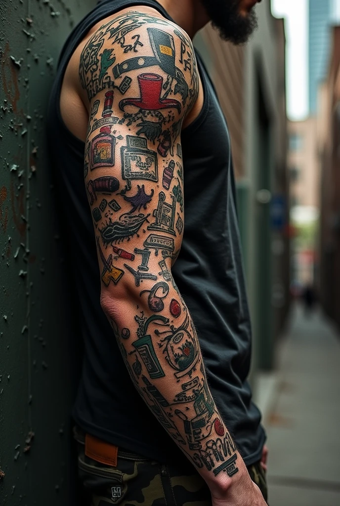 Tattoo with drugs all over the arm