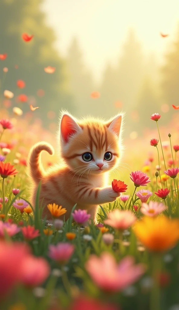 Kitten and flower field
