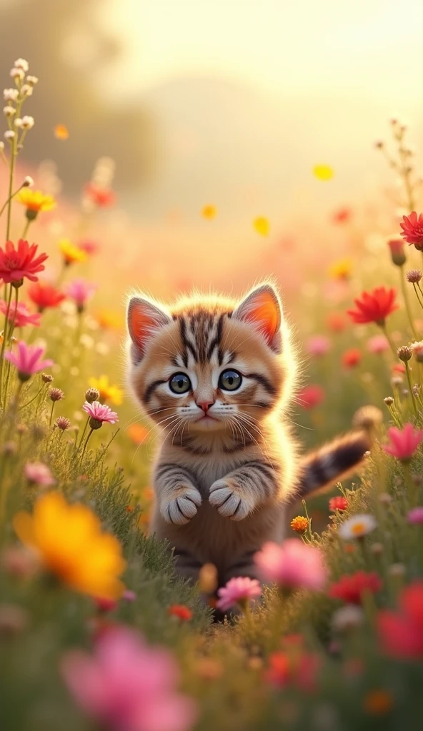 Kitten and flower field