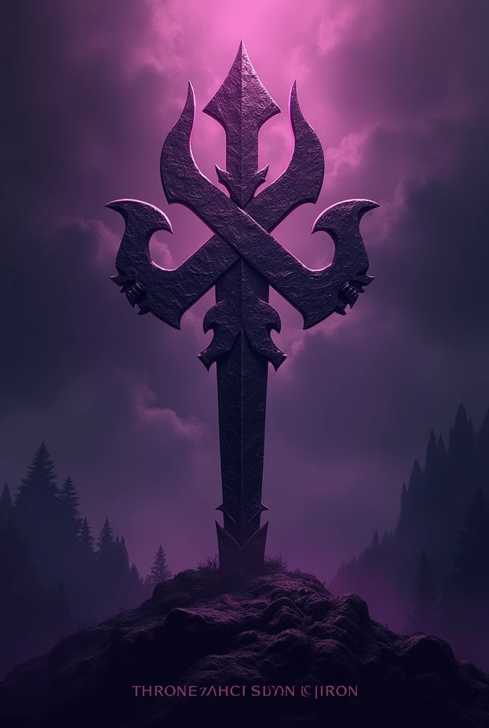 Viking symbol with a violet background and the text “Thrones of blood and iron”. 