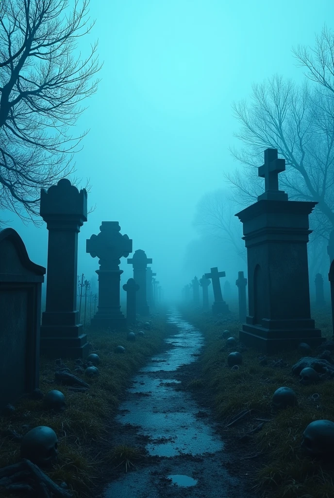 Please give me a light blue background with graves and some skulls and bones like for the background of a rap album