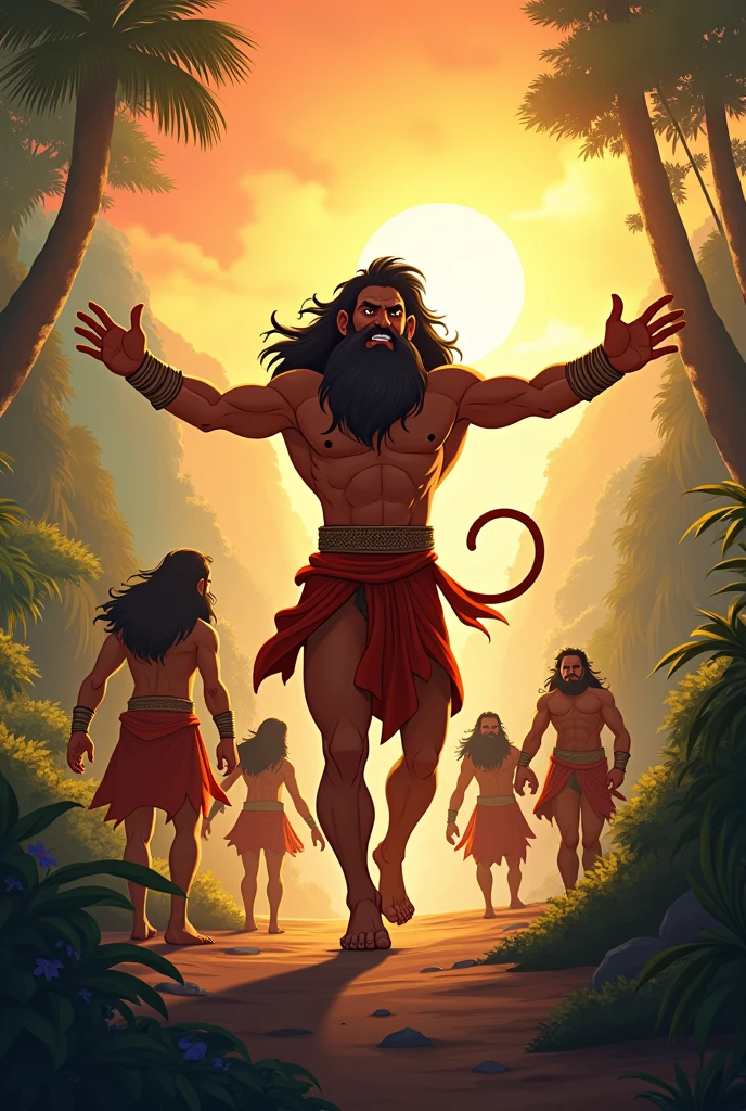 In cinematic  Cartoon style images’ 6. **Hanuman's Message to Rama**: "Hanuman returning to his allies with the