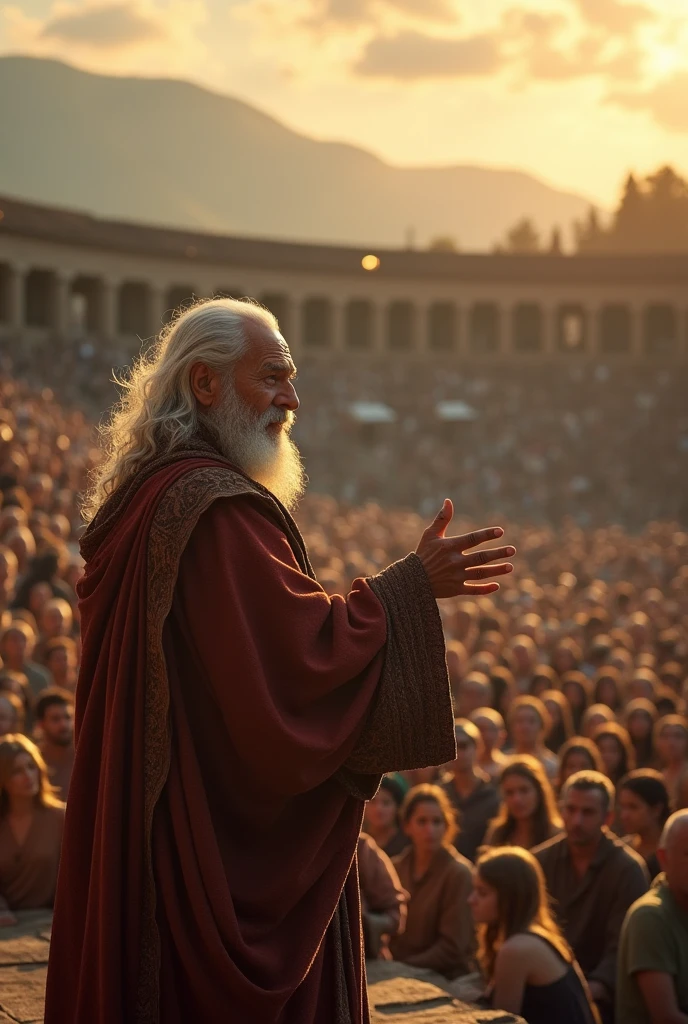 A speaker stands before the crowd talking about the philosophical growth of people
